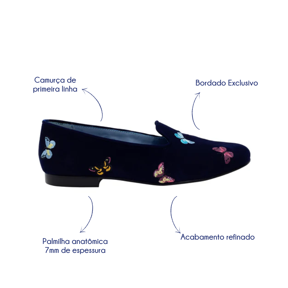 Loafer Borboletas Camurça Azul Marinho