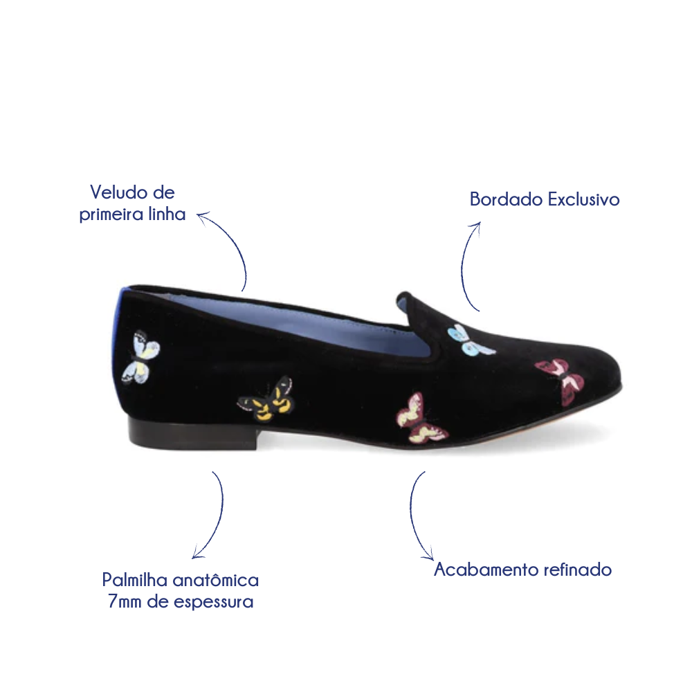 Loafer Borboletas Veludo Preto