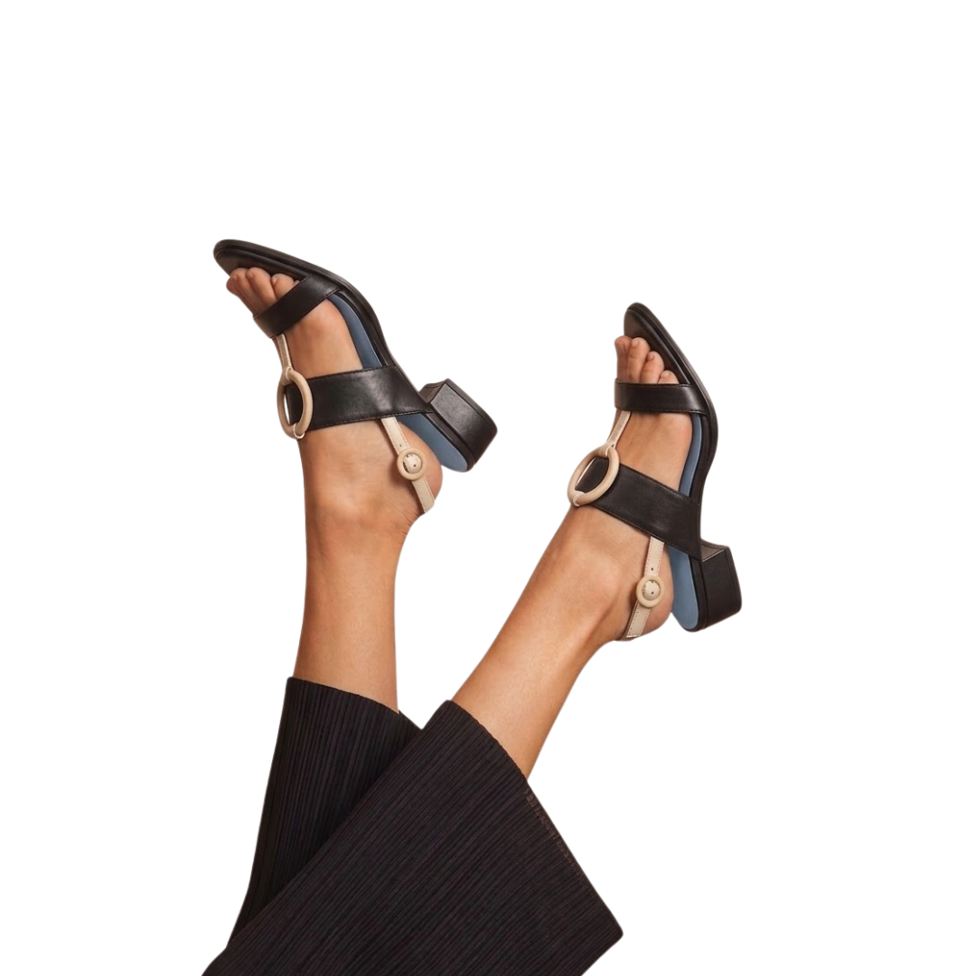 Rasteira Aro Couro preto e Branco