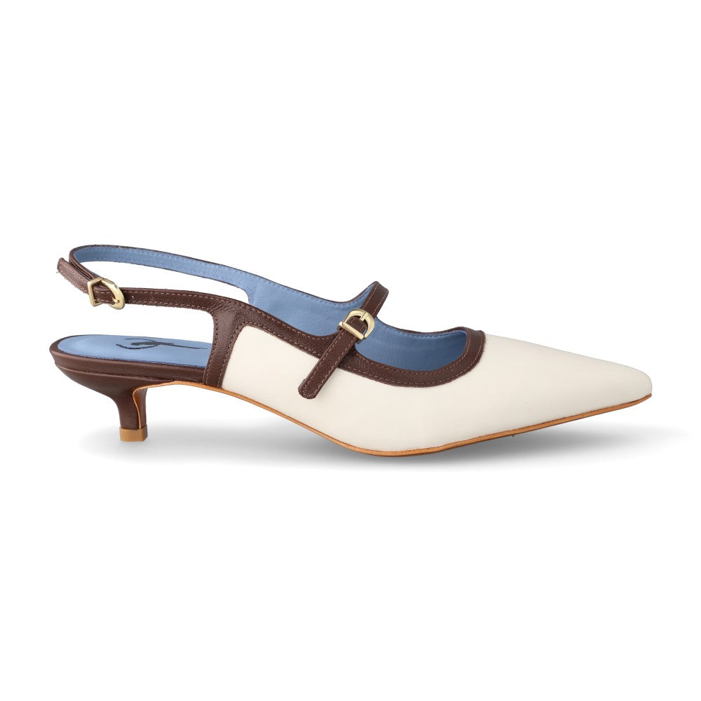 Slingback Fabulous Couro Off White e Marrom