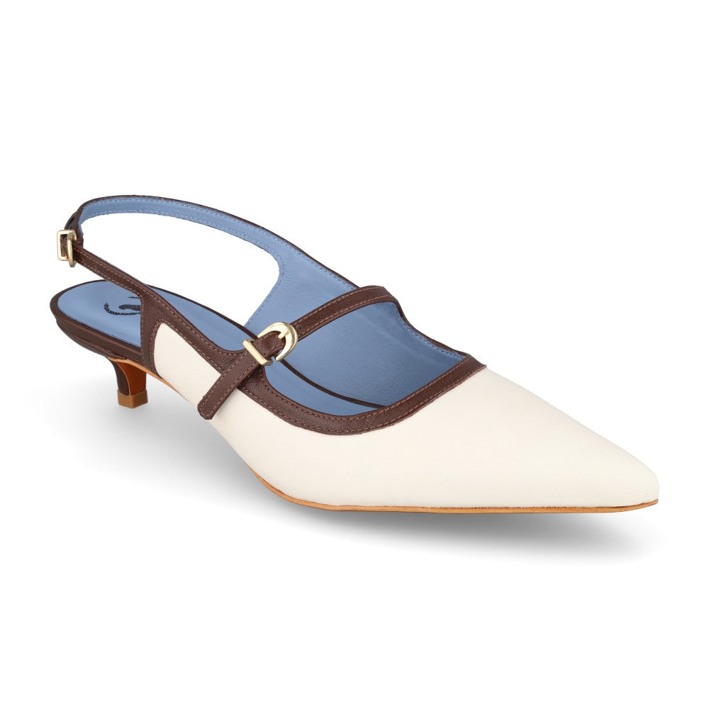 Slingback Fabulous Couro Off White e Marrom