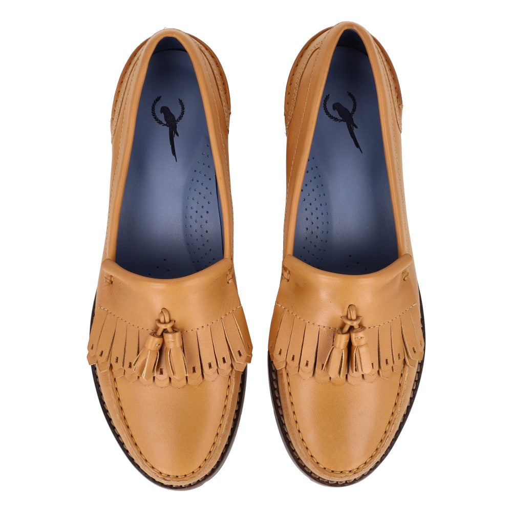 Penny Loafer Boho Tassel Couro Bege