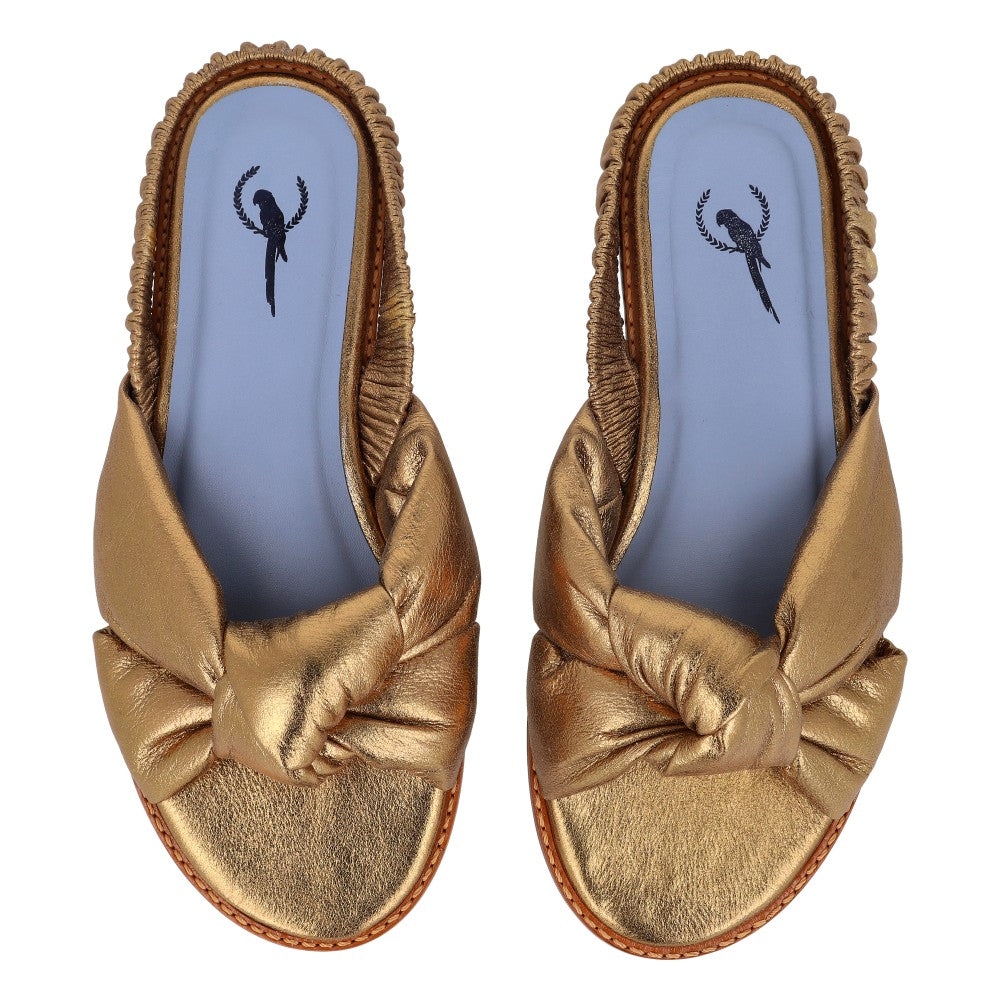 Rasteira Bianca Knot Couro Ouro Velho