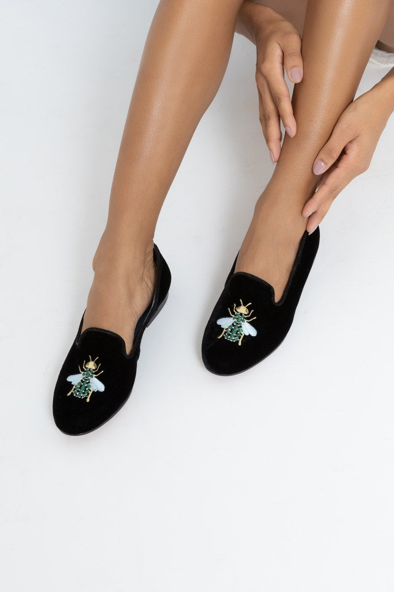 Loafer Green Insect Veludo Preto
