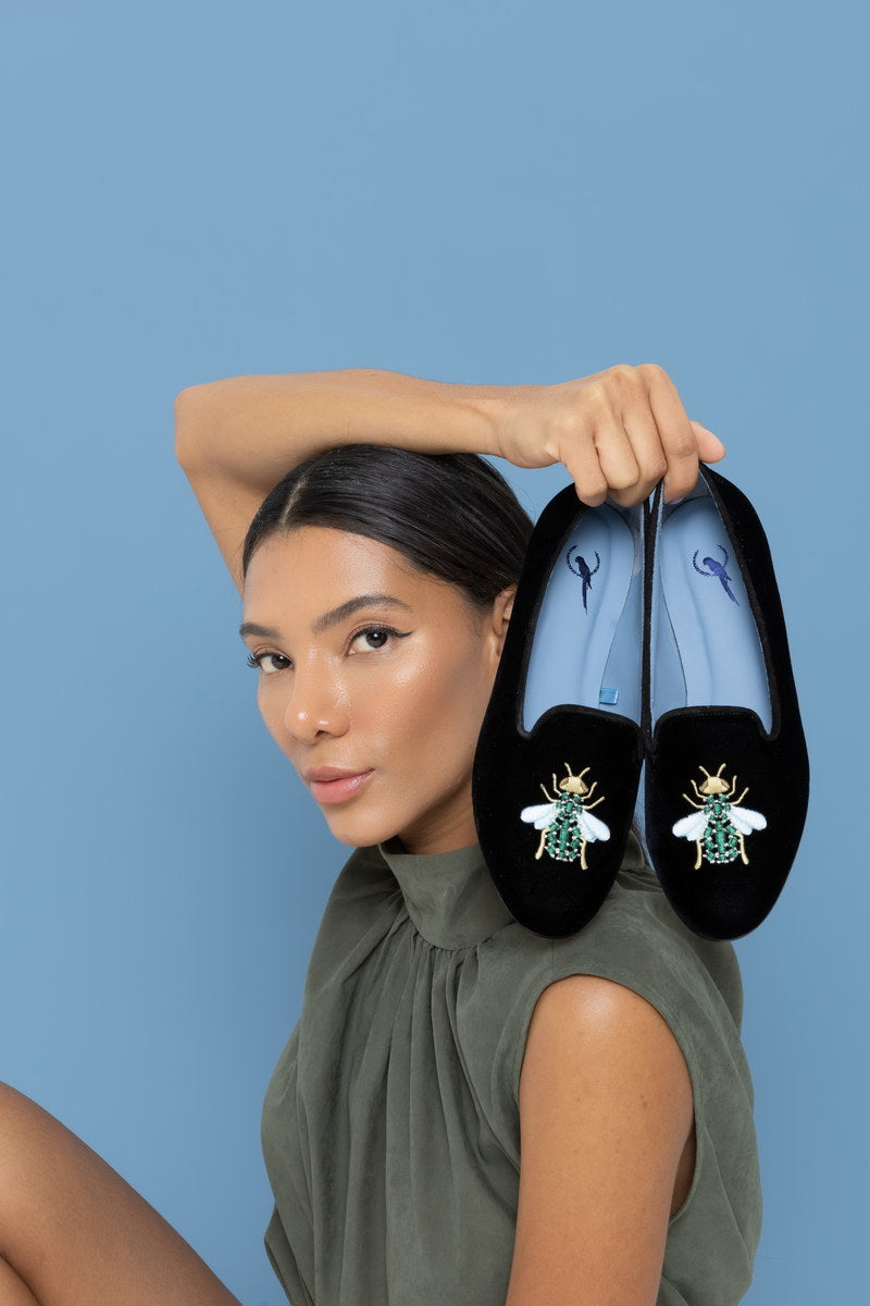 Loafer Green Insect Veludo Preto