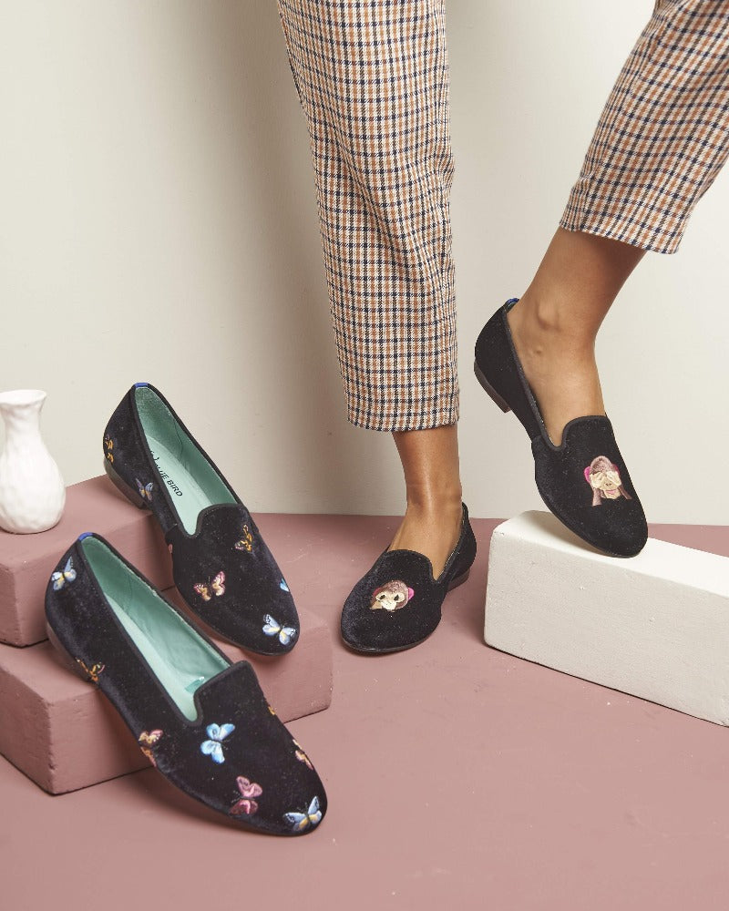 Loafer Borboletas Veludo Preto
